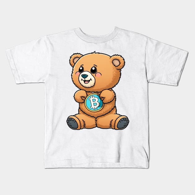 Cartoon Teddy Bear with a Bitcoin Coin Kids T-Shirt by DesginsDone